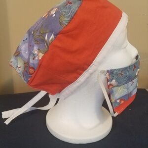 Floral Red and Blue Scrub  Cap and Mask Set Ex Small Cotton